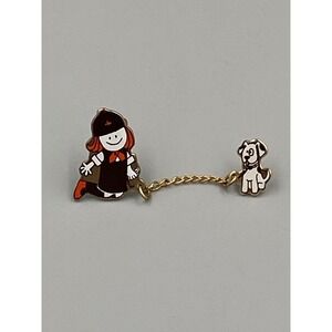 Vintage Red Hair Little Girl & Dog on Chain Collectible Dangle Lapel Pin Brooch
